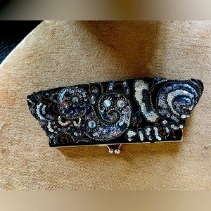 Gorgeous black and silver beaded silk reflective purse clutch